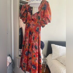 Farm Rio Orange Puff Sleeve Floral Cut Out Tropical Sundress Midi Dress XXS